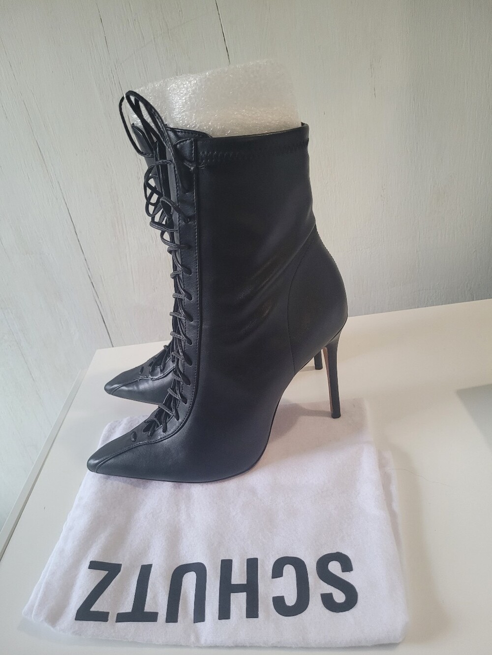 SCHUTZ Black Leather Lace-Up Pointed-Toe Boots - Picture 2 of 4